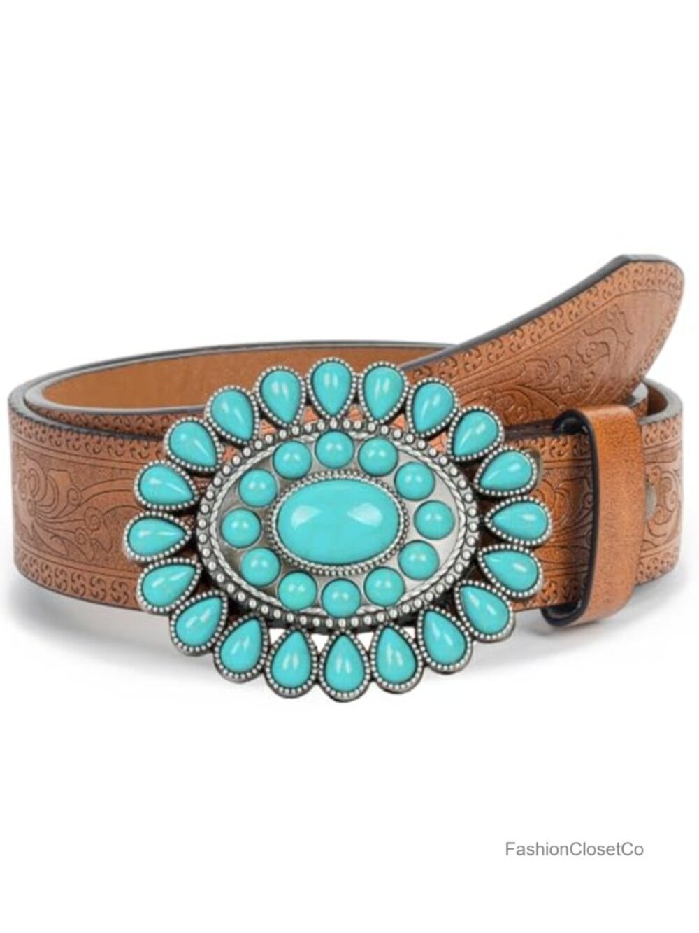 Western Cowboy Belt PU Leather Embossed Turquoise Buckle